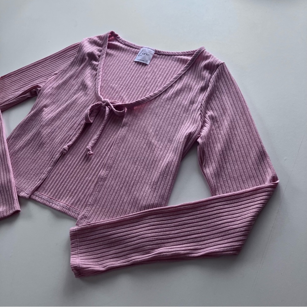 Olivia Rae Baby Pink Ribbed Tie Front Crop Top Long Sleeve Cardigan Women’s S